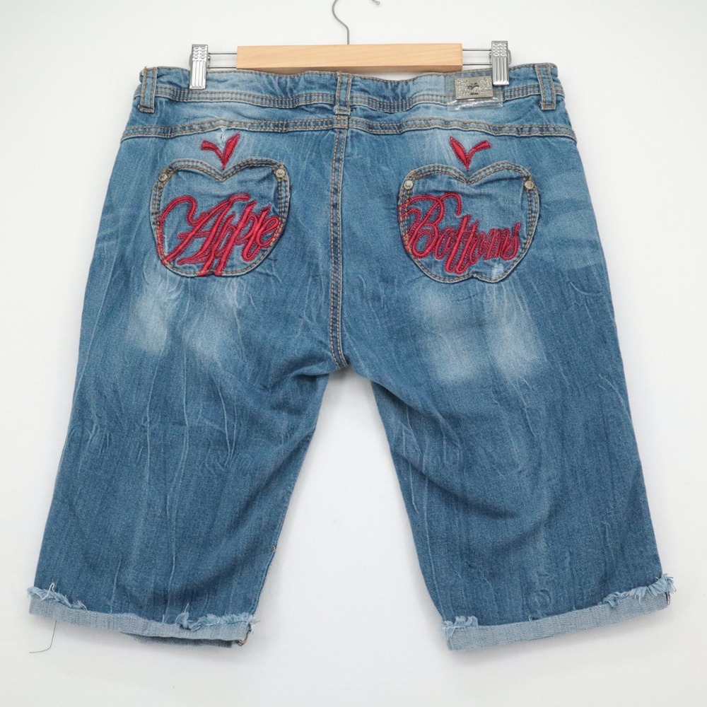 Y2K Apple Bottoms Jeans Sz 13/14 Denim Bermuda Shorts Red Embroidery Vintage